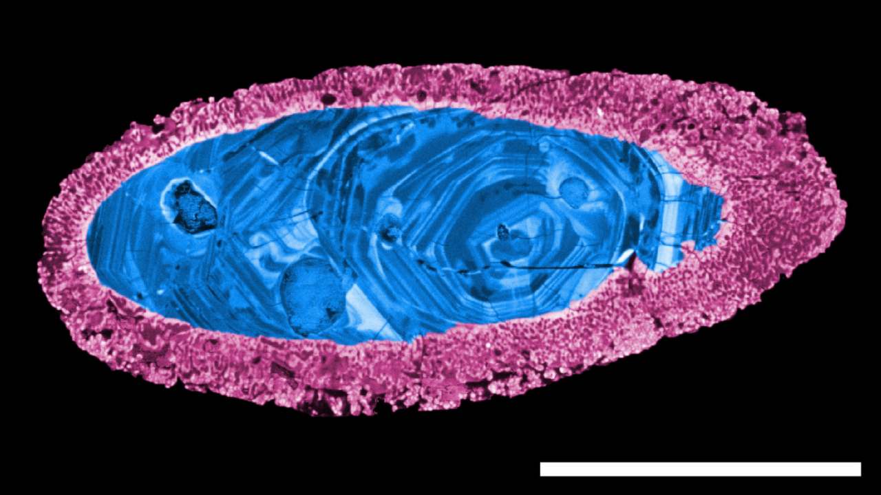 An image of a zircon grain showing exceptional recrystallization texture due to the impact. Image: NASA