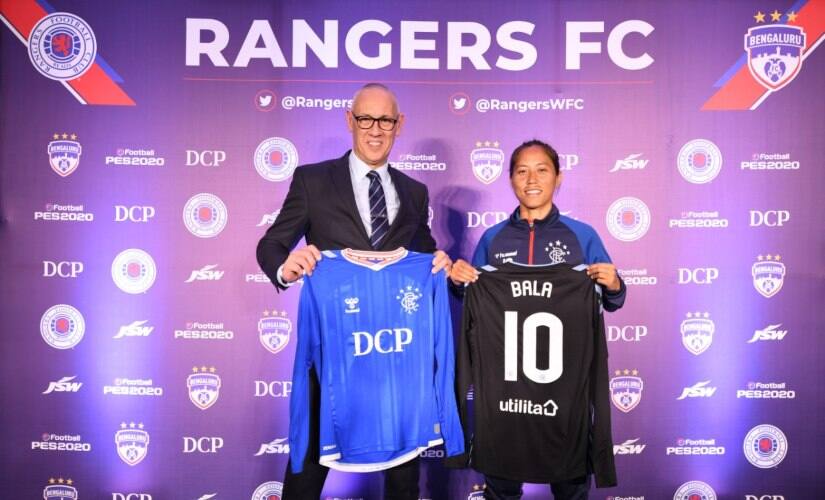 Bala Devi with Rangers legend Mark Hateley in Bengaluru.