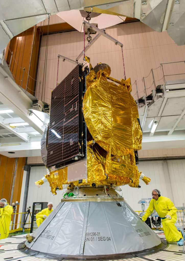 GSAT-30 being loaded onto the Ariane V launch vehicle. Image: Arianespace