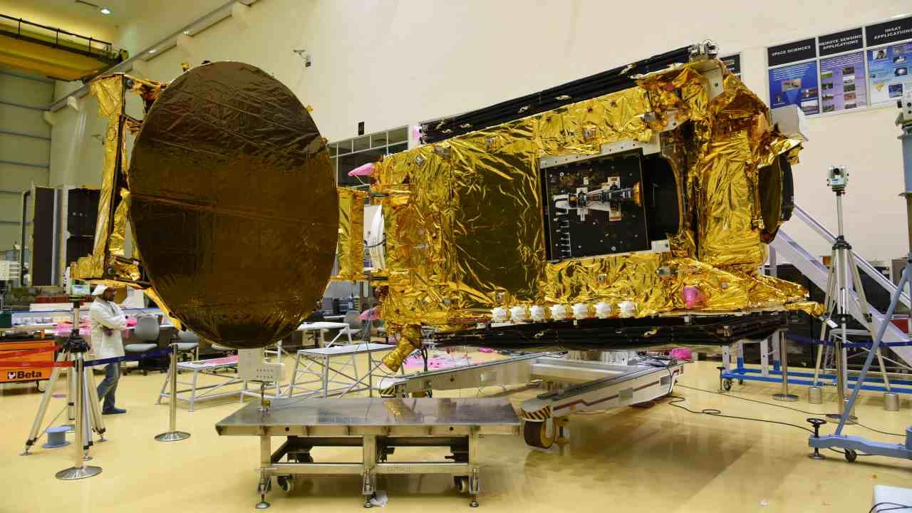 GSAT-30 being tested in a clean room at the Space Applications Centre. Image: ISRO