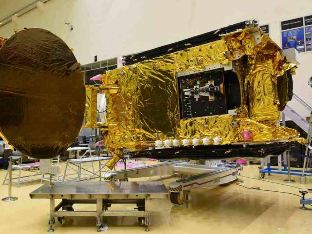 GSAT-30 being tested in a clean room at the Space Applications Centre. Image: ISRO