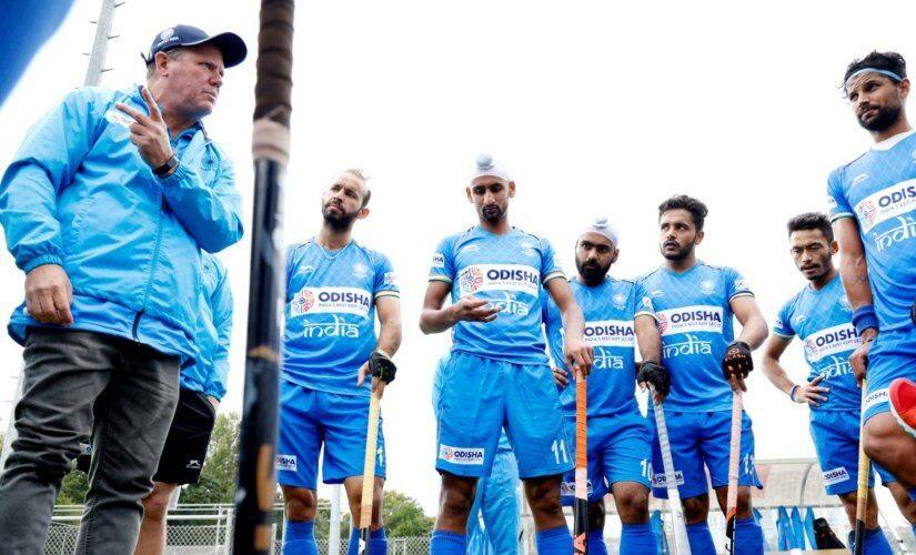 Indian men’s hockey team chief coach Graham Reid with the team. Twitter @HockeyIndia