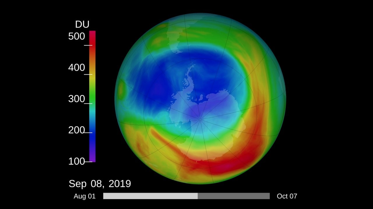 The 2019 ozone hole reached a peak extent of 6.3 million square miles on Sept. 8, 2019, the lowest maximum observed in 40 years of record. This NASA visualization depicts ozone concentrations on Sept. 8 in Dobson Units, the standard measure for stratospheric ozone. Credit: Katy Mersmann/NASA Goddard