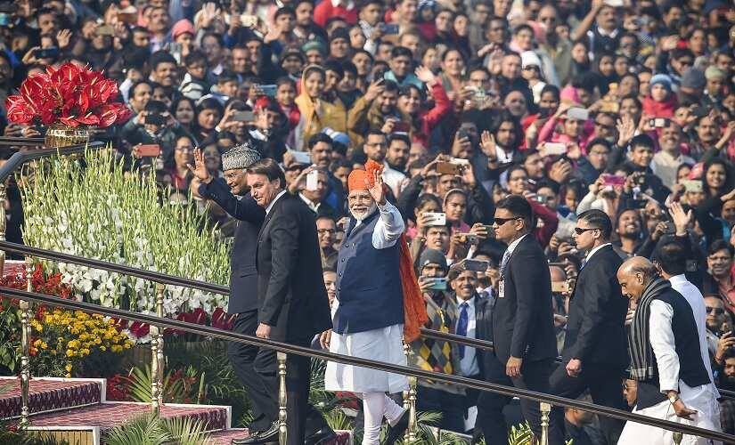 President Ram Nath Kovind, Prime Minister Narendra Modi and Chief Guest Brazilian President Jair Messias Bolsonaro arrive for the 71st Republic Day Parade at Rajpath. PTI