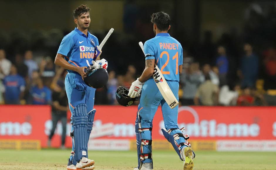 Shreyas Iyer and Manish Pandey celebrate India’s victory. Iye, batting at number four, remained unbeaten n 44. Sportzpics