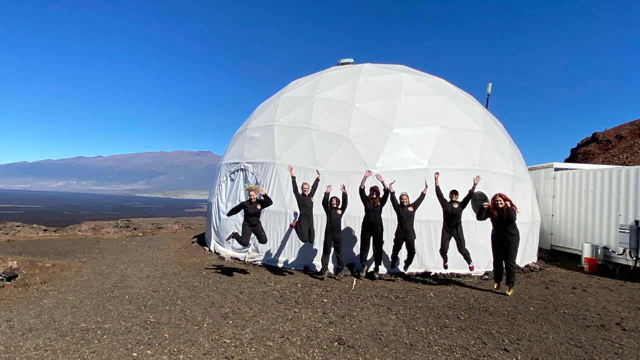The Sensoria crew's jump for joy before entering the Mars habitat on 4 January 2020. The crew will stay in the habitat till 18 January 2020. Image: SENSORIA program