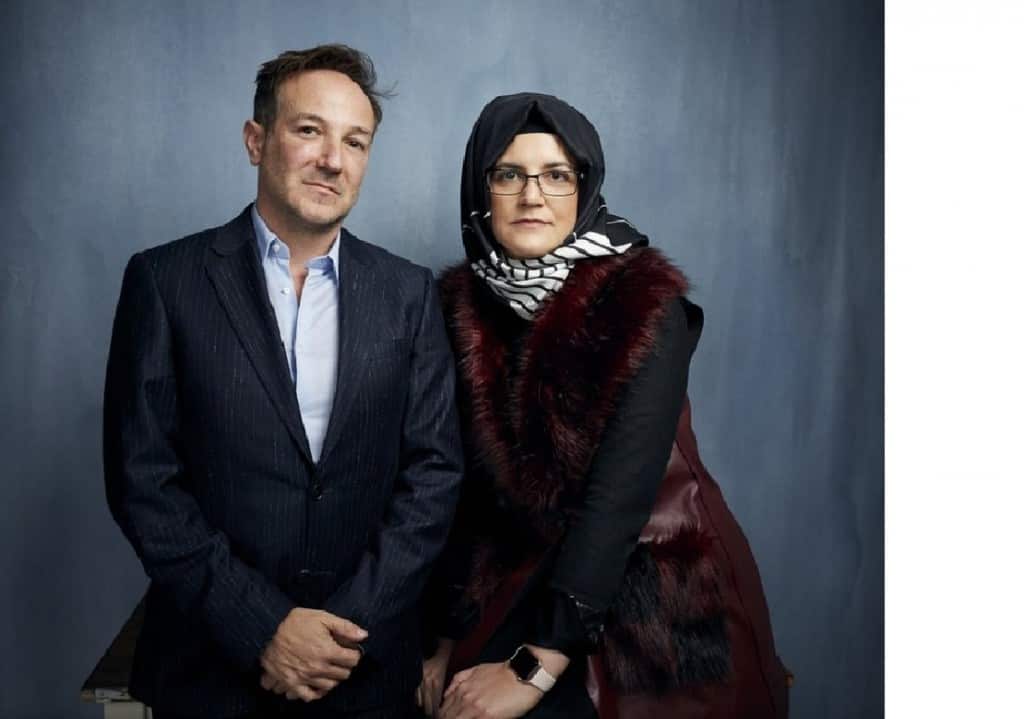 Director Bryan Fogel, left, and Hatice Cengiz pose for a portrait to promote the film 