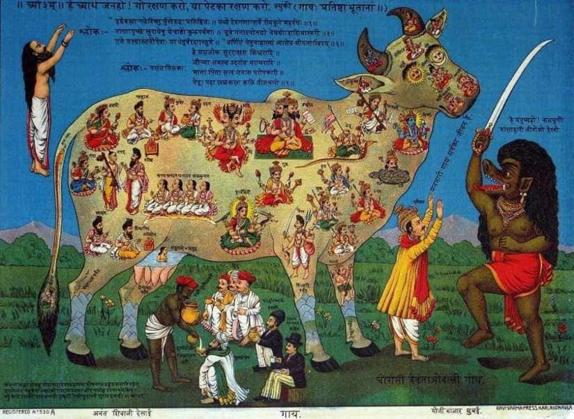 'The Cow with 84 deities' by Raja Ravi Varma. The demon with the sword says, 