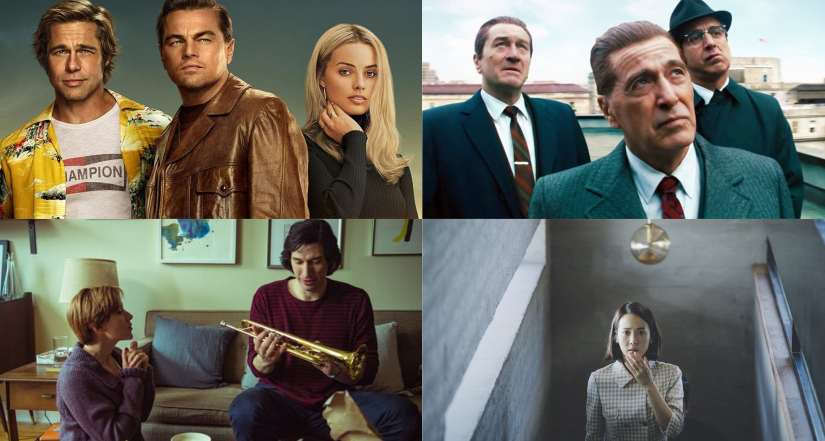 From top: Still from Once Upon a Time in Hollywood, The Irishman, Marriage Story and Parasite