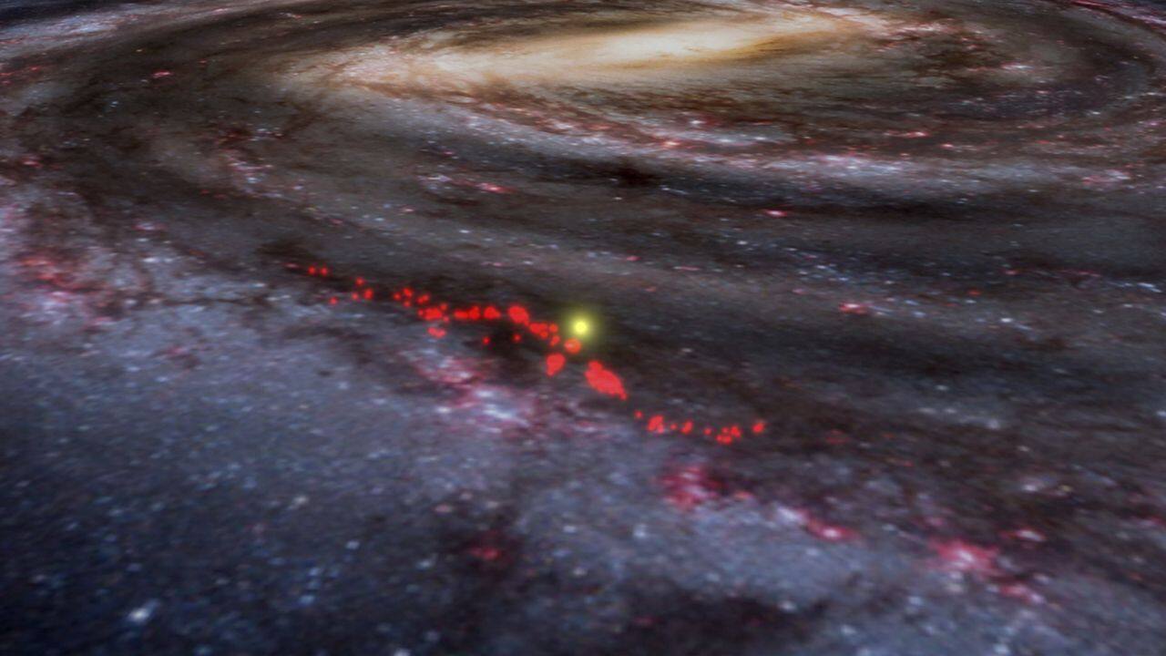 The “Radcliffe Wave,” (in red) has been superimposed on an artist’s rendering of Milky Way galaxy. Image credit: AP