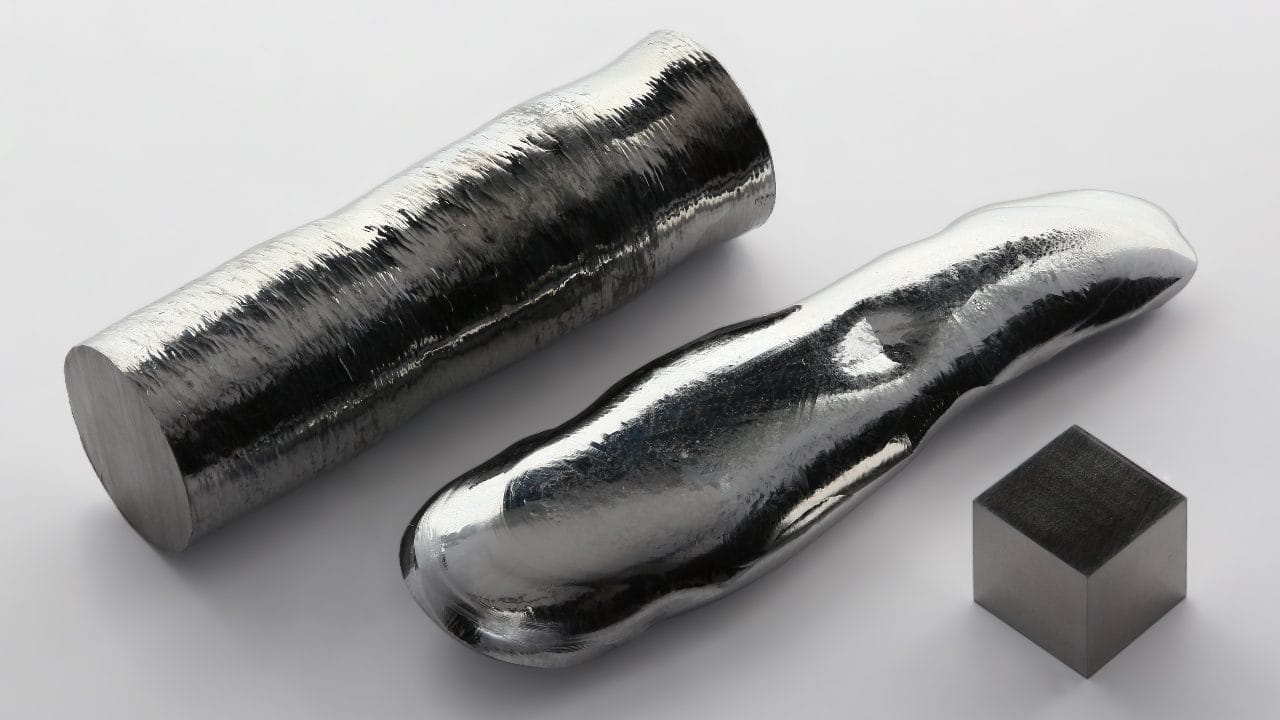 A crystal, bar and a cube of the ultra-rare transition metal Rhenium. Image: Wikimedia Commons
