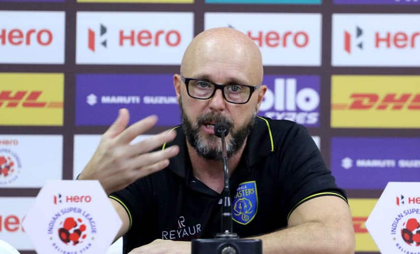 Kerala Blaster's Eelco Schattorie addressing the media after a win against Bengaluru FC. Image courtesy: ISL