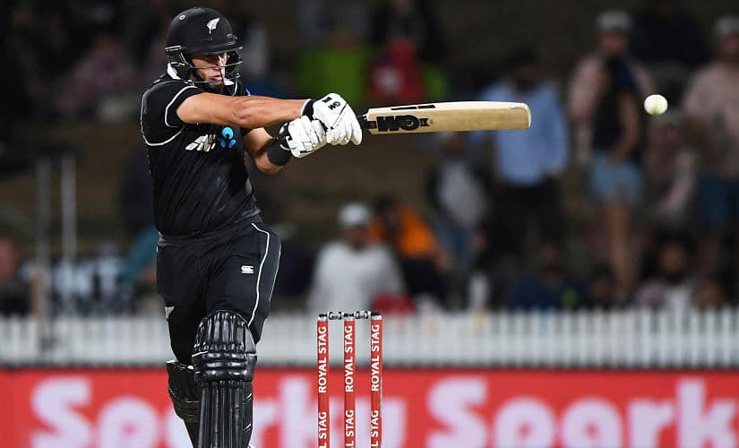 New Zealand’s Ross Taylor slaps the ball away on the legside during the 1st ODI against India at Seddon Oval in Hamilton. Photosport via AP Photo