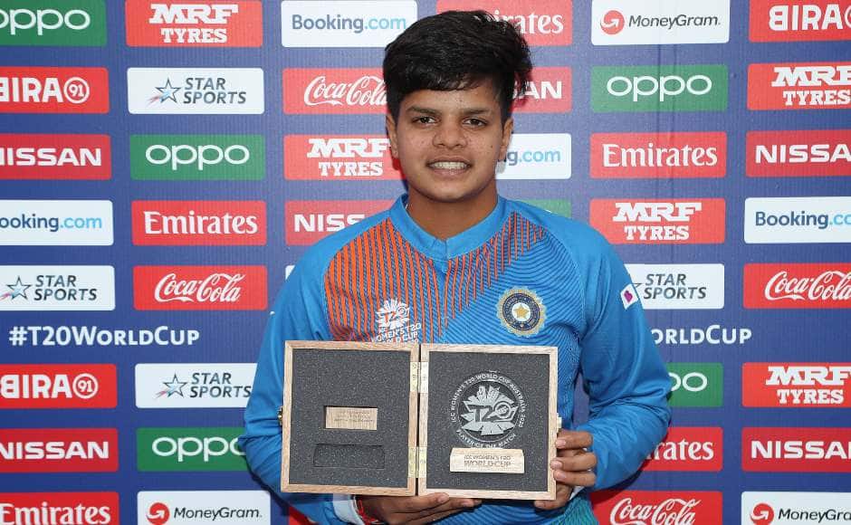 Shafali Verma poses with the player of the match trophy. With the win, India also progressed to the semi-finals