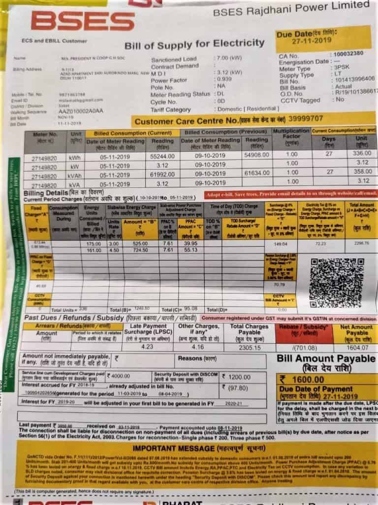 Pre-subsidy electricity bill received by Raj Rani Bhalla. Image/Vijaya Pushkarna