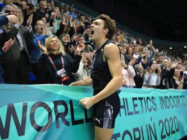 Armand ‘Mondo’ Duplantis celebrates after setting a new world record (6.17m) in the men’s pole vault final during the Orlen Copernicus Cup 2020 in Torun, Poland in February, 2020. AP Photo