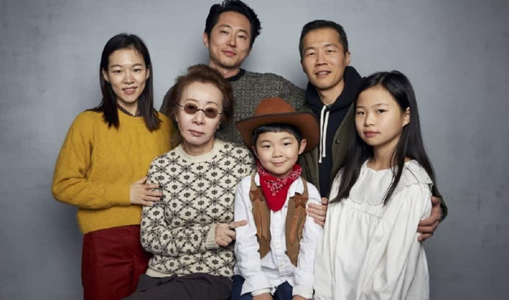 Han Yeri, from top left, Steven Yeun, director Lee Isaac Chung, Yuh Jung Youn, from bottom left, Alan Kim, and Noel Cho pose for a portrait to promote the film 