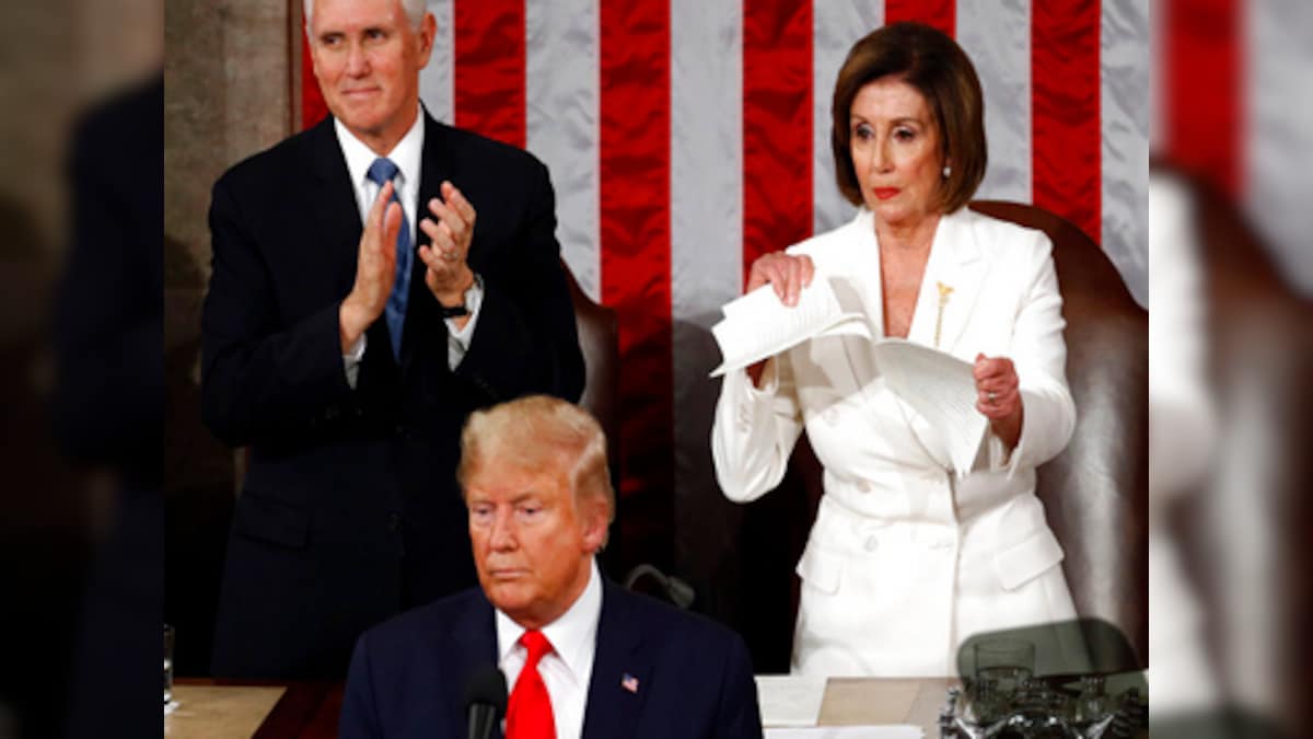 Nancy Pelosi rips up copy of Donald Trump's State of the Union speech after he snubs House Speaker's handshake as impeachment trial nears end