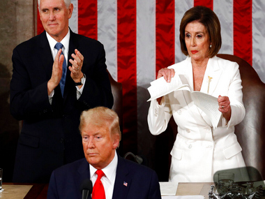 Nancy Pelosi rips up copy of Donald Trump's State of the Union speech after he snubs House Speaker's handshake as impeachment trial nears end Nancy Pelosi rips up copy of Donald Trump's State of the Union speech after he snubs House Speaker's handshake as impeachment trial nears end