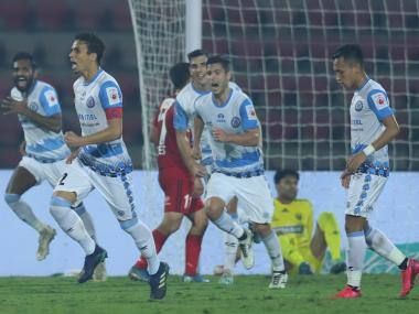 Memo Moura of Jamshedpur FC celebrates the goal with team players during match 79 of the Indian Super League ( ISL ) between NorthEast United FC and Jamshedpur FC held at the Indira Gandhi Athletic Stadium, Guwahati, India on the 10th February 2020. Photo by: Deepak Malik / SPORTZPICS for ISL
