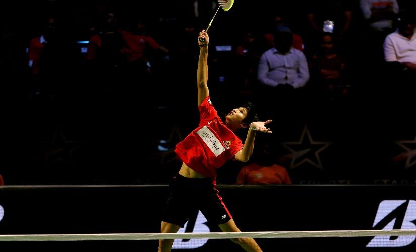 Priyanshu Rajawat of Hyderabad Hunters during his match against Lee Dong Keun of Mumbai Rockets.