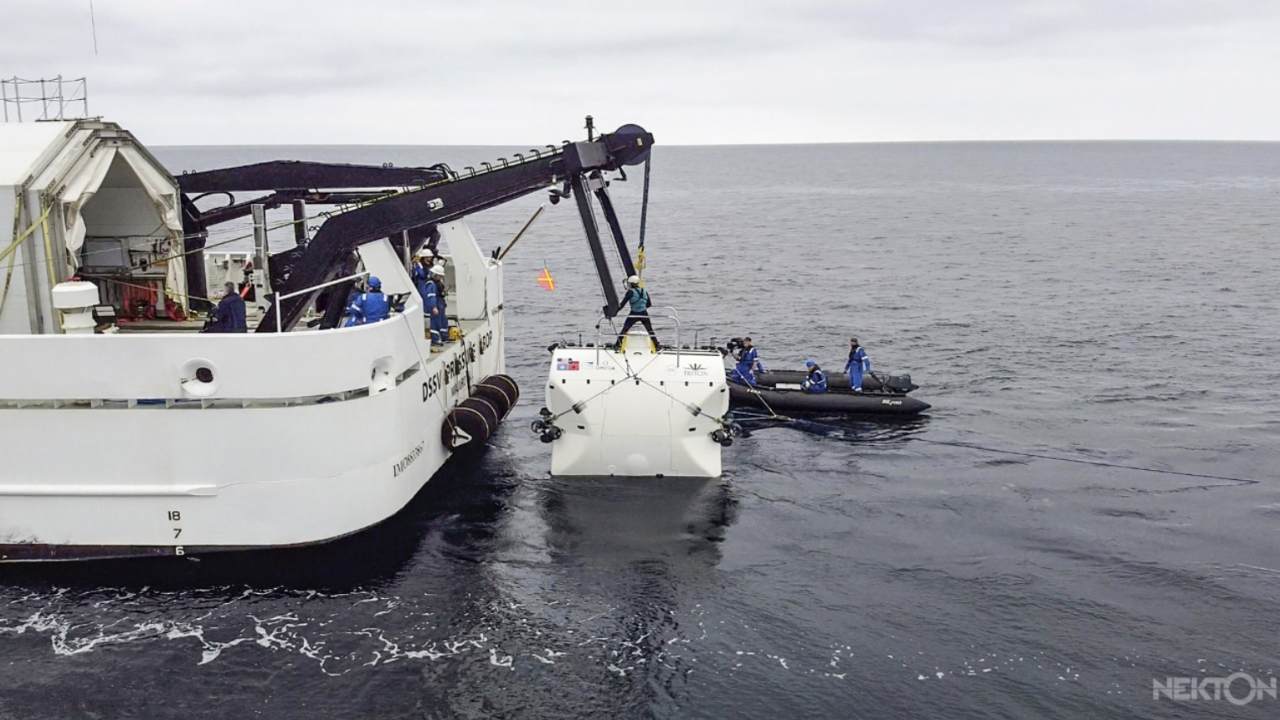 scientists lower the “Limiting Factor” submarine into the Mediterranean Sea, part of sea trials before the next stage of the Nekton Mission begins in mid-March. Image credit: AP