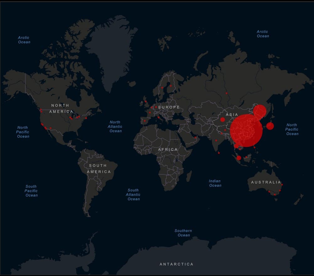A map showing the spread of the coronavirus. Image credit: John Hopkins