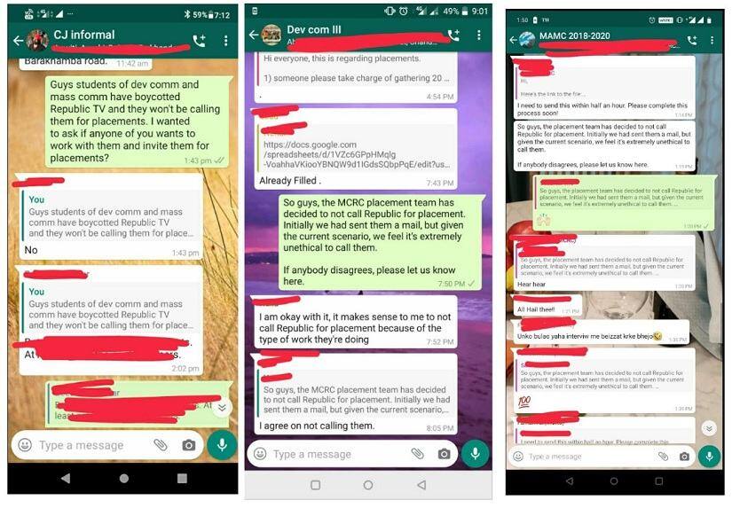 Redacted screenshots of WhatsApp chats among Jamia students and placement coordinators. Image acquired by author