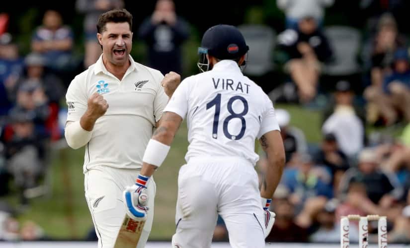 Colin de Grandhomme celebrates after trapping Virat Kohli lbw for 14 on day two of the second Test between India and New Zealand. AP