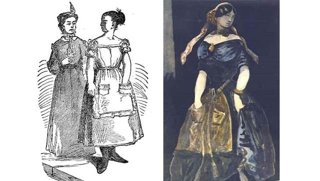 (L) Illustration of 'the over-estimated grisette' in Mark Twain's Innocents Abroad; (R) La Grisette by Constantin Guys. Images via Wikimedia Commons