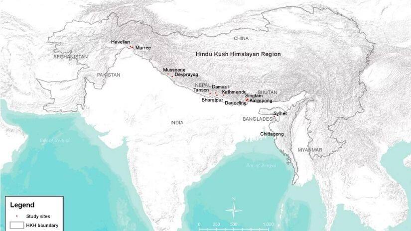 The towns included in the study were: Murree and Havelian in Pakistan; Kathmandu, Bharatpur, Tansen and Damauli in Nepal; Mussoorie, Devprayag, Singtam, Kalimpong and Darjeeling in India; and Sylhet in Bangladesh. Image via The Third Pole/ ICIMOD