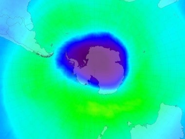 A 2019 image of the slowly-shrinking ozone hole over the Antarctic. Image Courtesy: NOAA