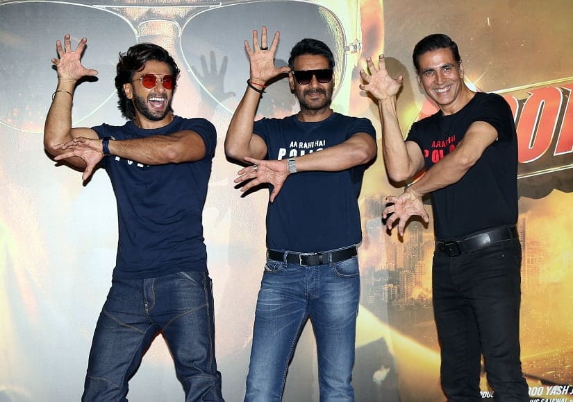 (L-R) Ranveer Singh, Ajay Devgn and Akshay Kumar at the trailer launch of Sooryavanshi. 