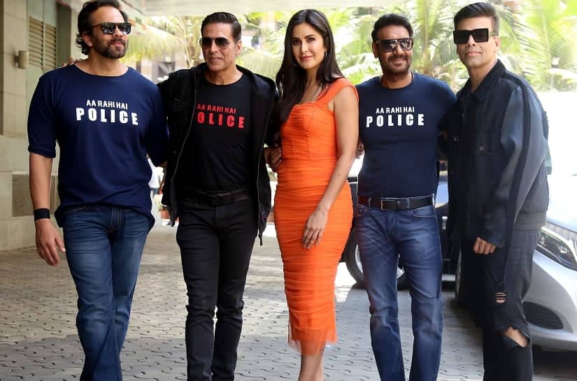 Rohit Shetty, Akshay Kumar, Katrina Kaif, Ajay Devgn and producer Karan Johar during the trailer launch | Sachin Gokhale