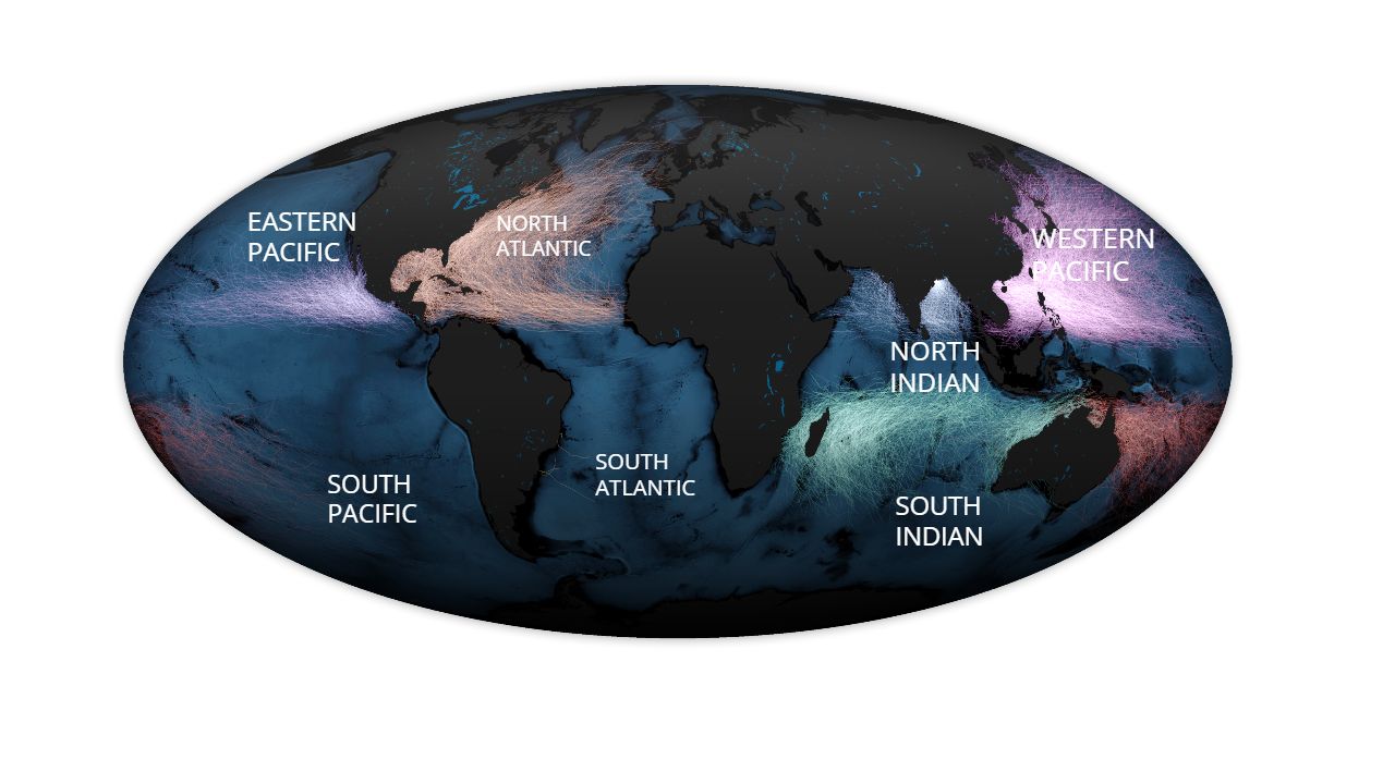 Activity in the world’s major ocean basins is visible in this map, which shows the historical tracks of storms between 1842 and 2017. image credit: NOAA