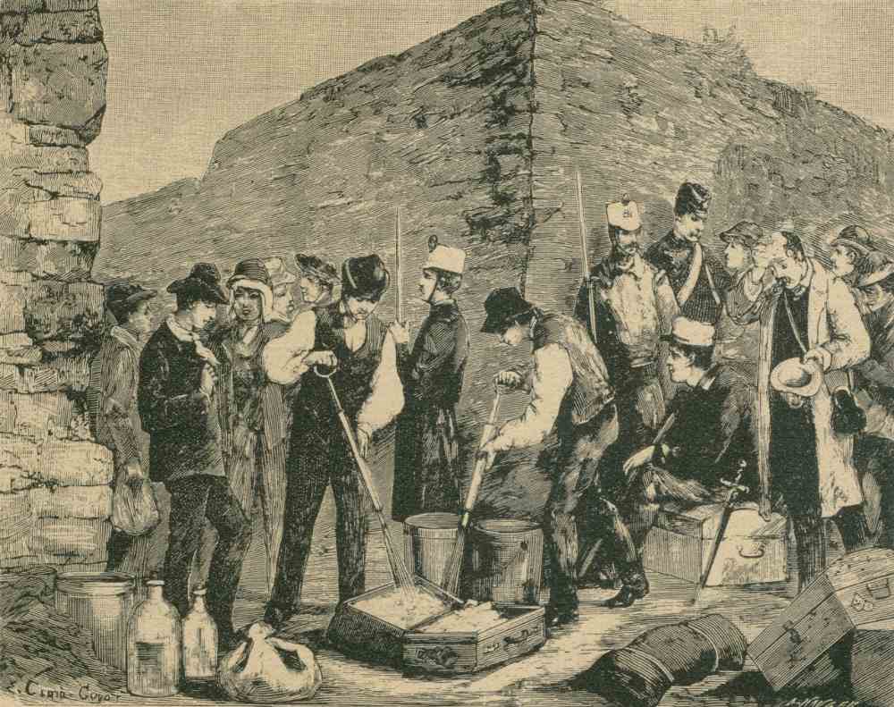 During an 1884 cholera epidemic in France, public health workers disinfect baggage at a quarantine station for maritime travelers. Everett Historical/Shutterstock.com