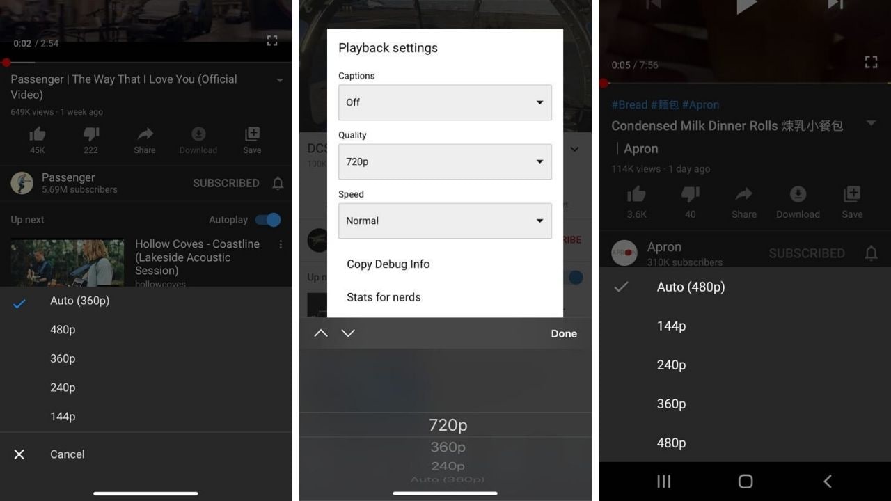 From left to right: YouTube quality settings on iOS app; YouTube playback settings on iOS app; YouTube quality settings on Android app.