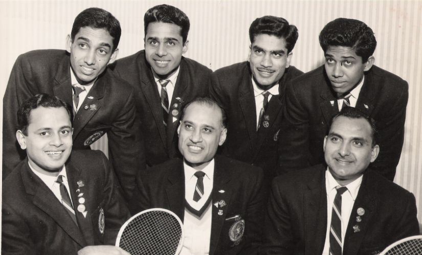 India’s 1966 Thomas Cup team — (sitting) Nandu Natekar, manager Sri Ram Chadha, TN Seth; (standing) Dipu Ghosh, CD Deoras, Dinesh Khanna, Romen Ghosh. Image procured by Shirish Nadkarni 