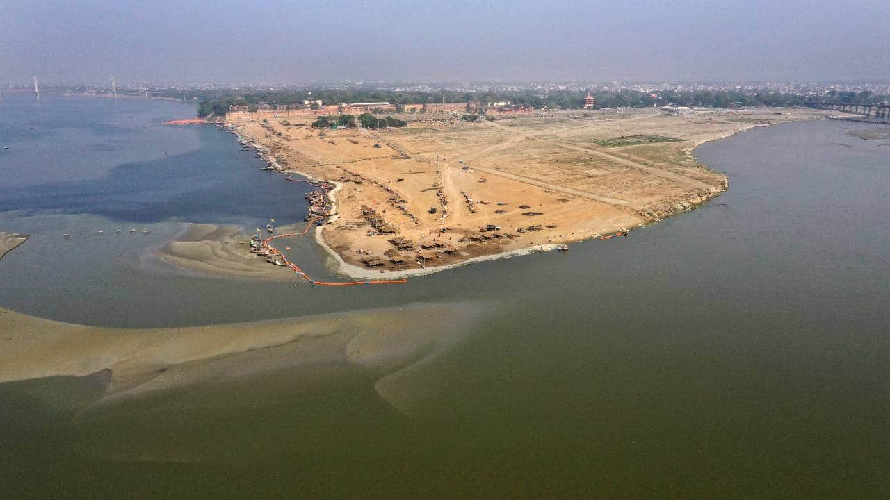 deserted banks of the Sangam, the confluence of the rivers Ganges and Yamuna are seen during lockdown to control the spread of the coronavirus in Prayagraj, India. Image credit: AP