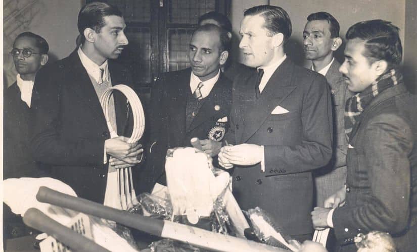 Prakash Nath’s arch-rival, Devinder Mohan, selecting rackets at the Slazenger factory in the UK. Image procured by Shirish Nadkarni. 