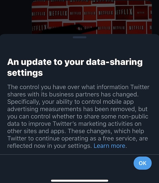 Twitter is notifying users about the change with a pop-up that shows when you launch the app. Image: tech2