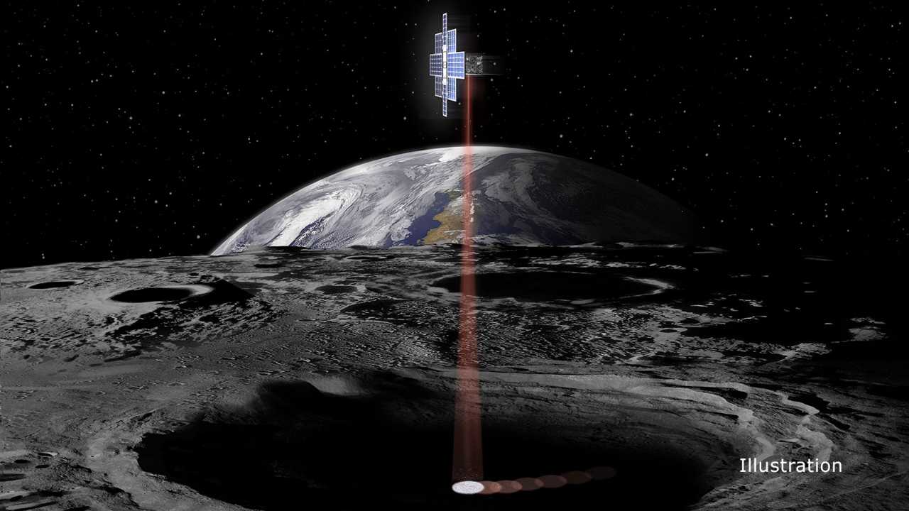 This artist's concept shows the briefcase-sized Lunar Flashlight spacecraft using its near-infrared lasers to shine light into shaded polar regions on the Moon to look for water ice. Credit: NASA/JPL-Caltech