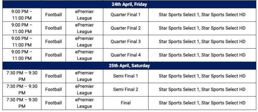 ePremier League Invitational Tournament schedule on Star Sports