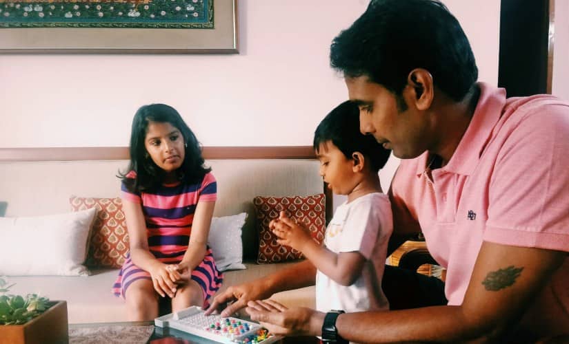 Sharath Kamal with his daughter and son at his residence in Chennai. Image credit: Sharath Kamal