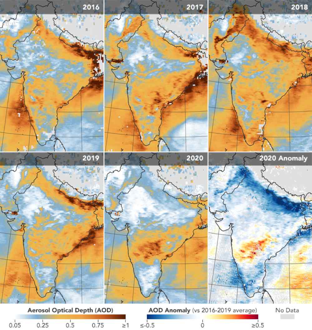 The first five maps above show aerosol optical depth (AOD) measurements over India during the same March 31 to April 5 period for each year from 2016 through 2020. The sixth map (anomaly) shows how AOD in 2020 compared to the average for 2016-2019. Image credit: NASA