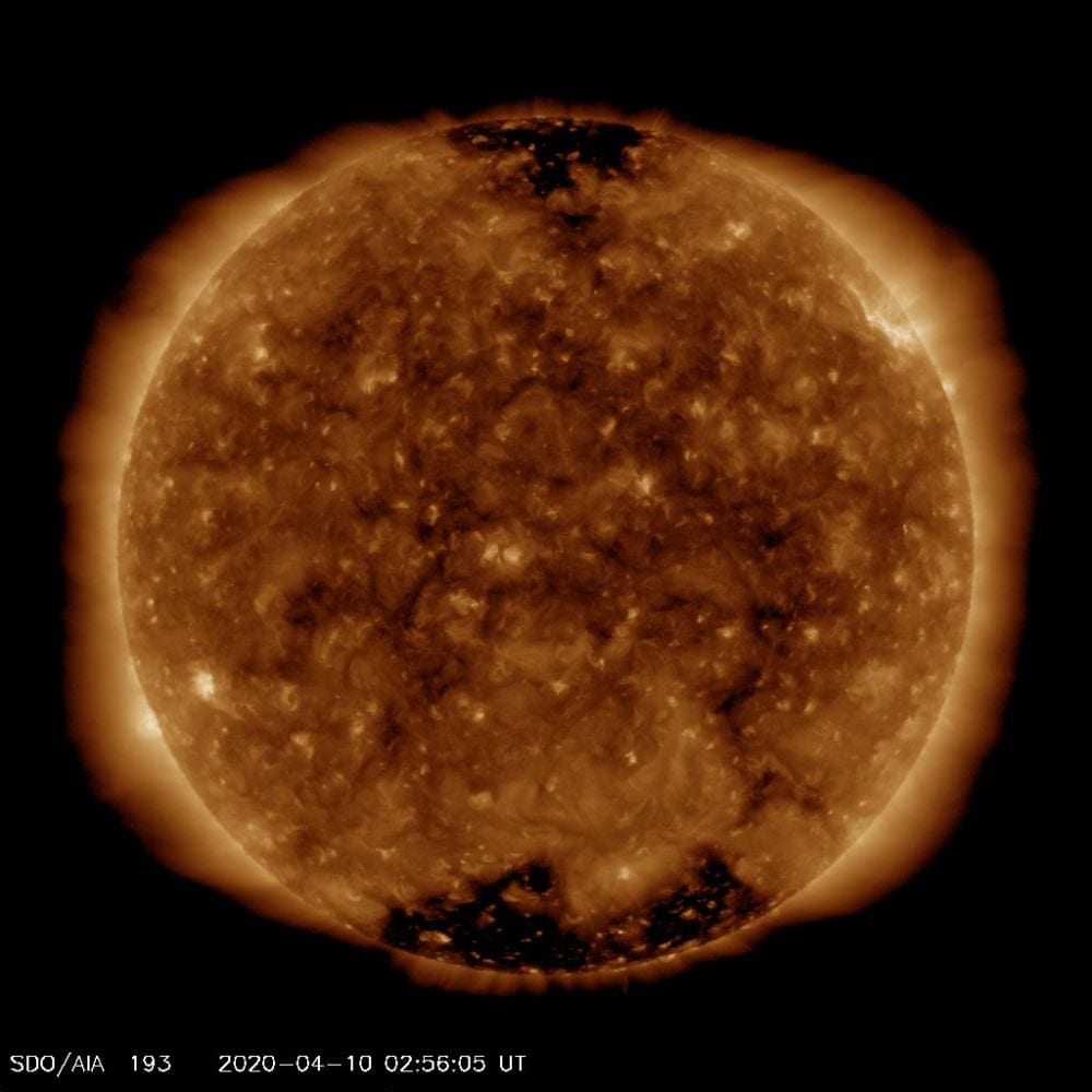outer atmosphere of the Sun - called the corona - as well as hot flare plasma. Hot active regions, solar flares, and coronal mass ejections will appear bright here. The dark areas - called coronal holes - are places where very little radiation is emitted, yet are the main source of solar wind particles. Image credit: NASA/SDO