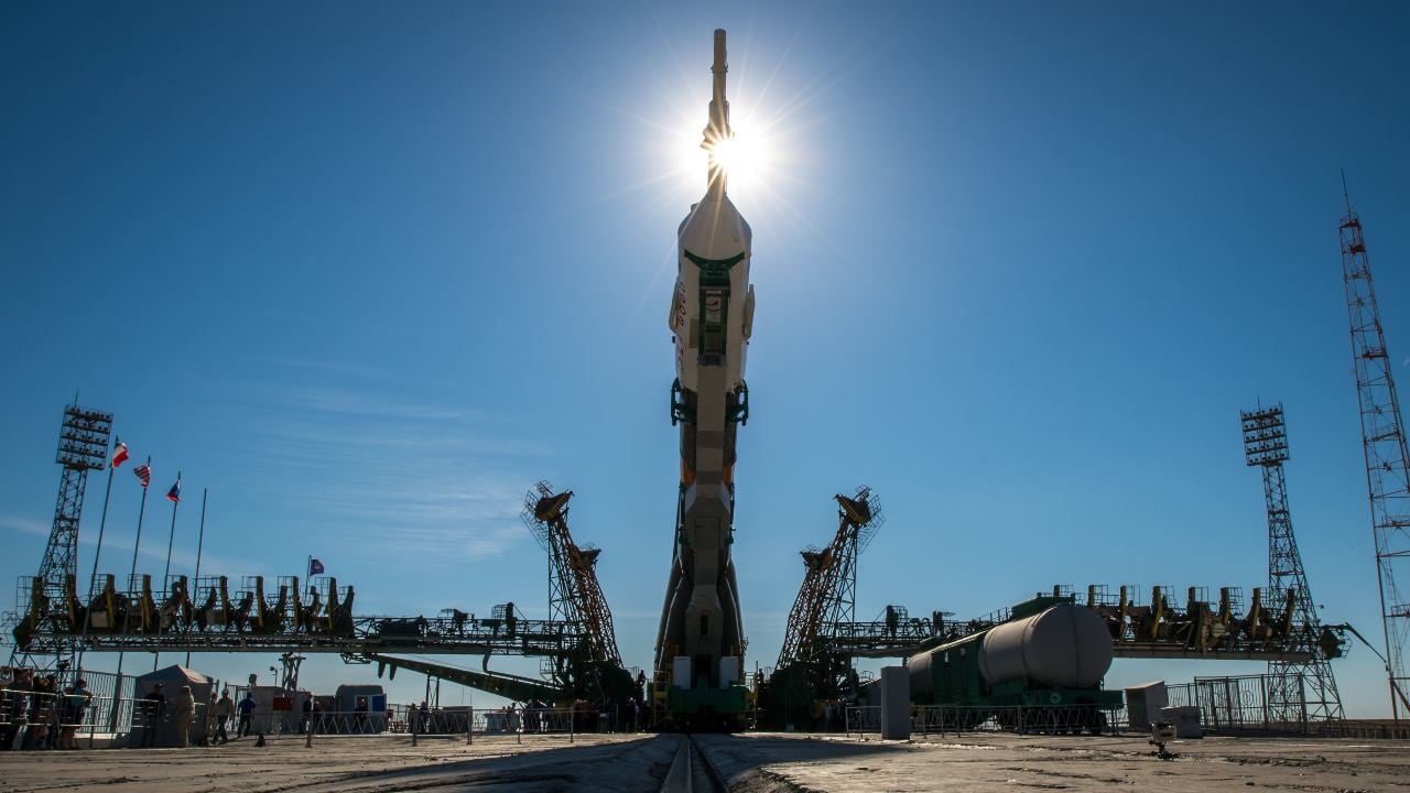 The Soyuz TMA-09M spacecraft is raised into vertical position after arriving at the Baikonur Cosmodrome launch pad in Kazakhstan by train on May 26, 2013. The Soyuz TMA-09M spacecraft is raised into vertical position after arriving at the Baikonur Cosmodrome launch pad in Kazakhstan by train on May 26, 2013. Photo credit: NASA/Bill Ingalls