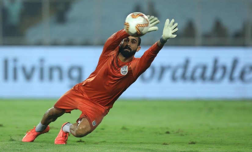 Mumbai City FC goalkeeper Amrinder Singh makes a save in an ISL match against ATK. Image credit: SportzPics
