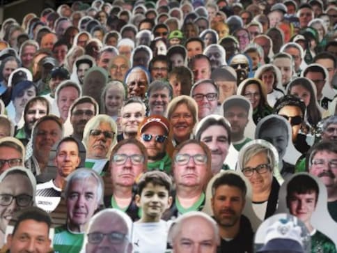 Bundesliga: Thousands of cardboard cutouts of fans take over stadium as Borussia Monchengladbach play Bayer Leverkusen Bundesliga: Thousands of cardboard cutouts of fans take over stadium as Borussia Monchengladbach play Bayer Leverkusen