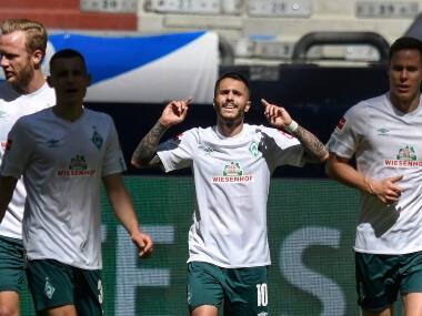 Bremen’s Leonardo Bittencourt celebrates after scoring during the German Bundesliga soccer match between FC Schalke 04 and Werder Bremen in Gelsenkirchen